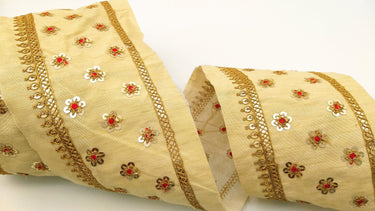Beige Silk Trim In Red and Gold Sequins Floral Embroidery, Indian Sari Border Trim By Yard Decorative Trim Craft Lace